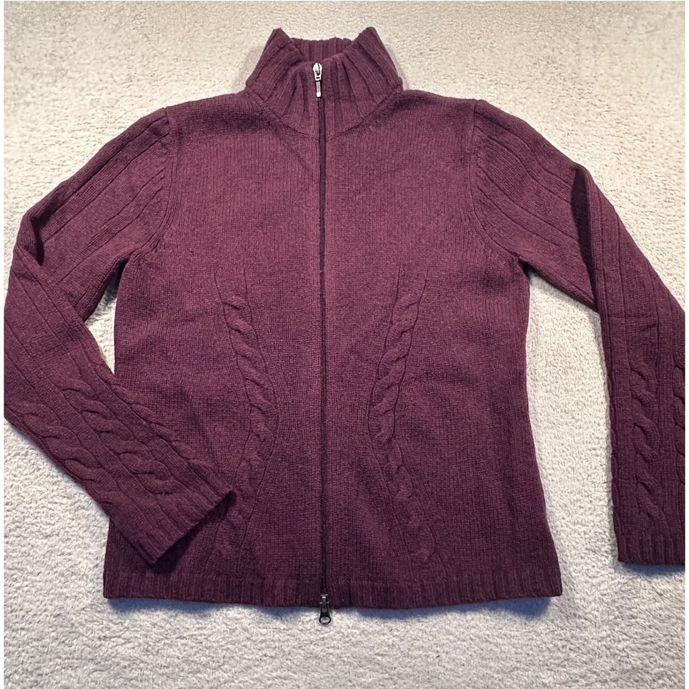 Y2K‎ Eddie Bauer 100% Lambswool Full Zip Cable Knit Mock Neck Sweater Purple M